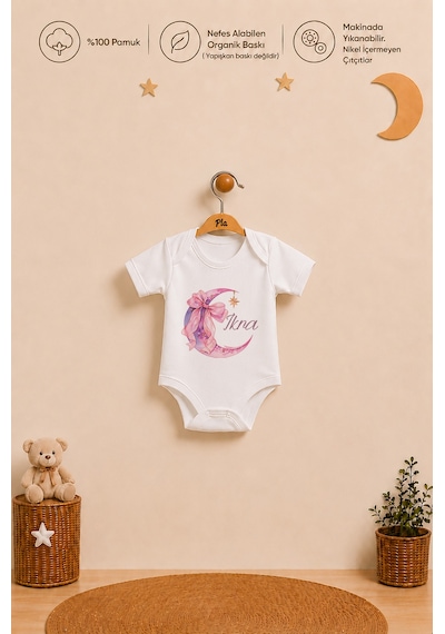 Pia Baby İsme Özel Kız Bebek Hediyesi 2'li %100 Pamuk Organik Baskılı Çıtçıtlı Body Zıbın Ve Ham Bez Kıyafet Kesesi 1068b2k0x Ekru