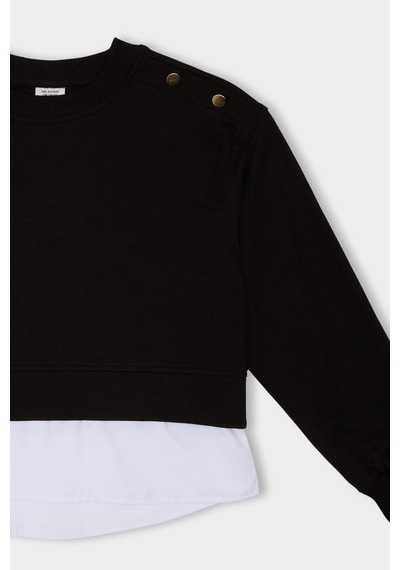 DeFacto Kız Çocuk Relax Fit Bisiklet Yaka Etek Ucu Detaylı Sweatshirt D0703A824AUBK81 Siyah