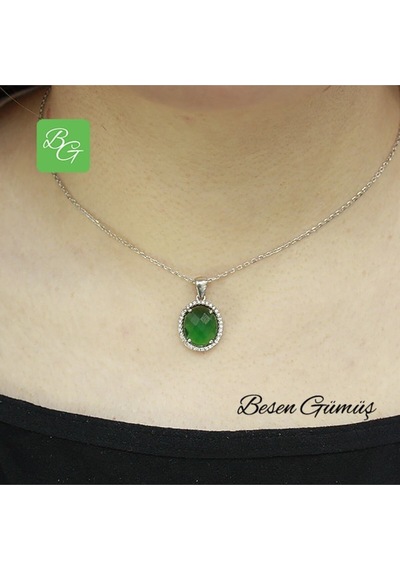 Etrafı Zirkon Taşlı Oval Yeşil Taşlı Set Rose Gold - Gümüş