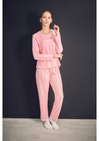 Fullamoda Yazı Baskılı Bisiklet Yaka 2 Li Pijama Takımı 24mıcg631216541-pembe Pembe