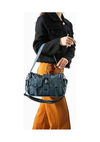 571 Collections Yıkanmış Deri Omuz Kol Çantası Mavi - Kilit Aksesuarlı Model: 571-13s