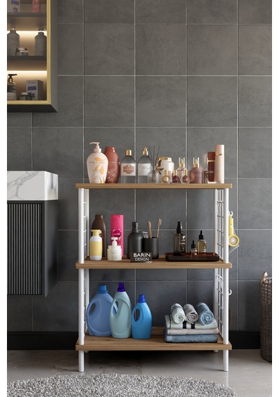 3 Raflı Çevir Tak Beyaz Telli Metal Gövdeli Çok Amaçlı Banyo Rafı Ve Organizer Raf Banyo Dolabı Atlantik Çam