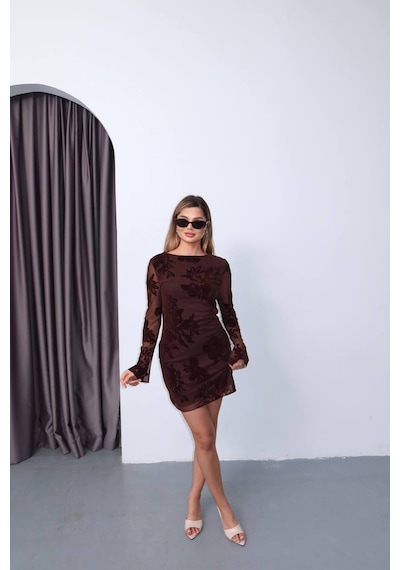 Kechi Woman Tül Kabartmalı Astarlı Mini Elbise Kahverengi