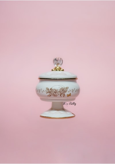 Rosadora Emaye Ayaklı Şekerlik Dekoratif Kapaklı Vintage Sunumluk Pembe