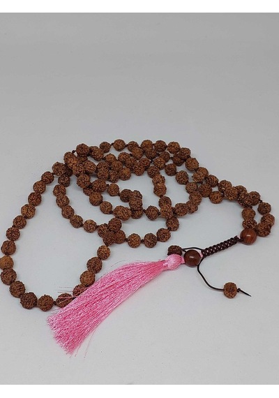 Rudraksha Tohumlu Pembe Püsküllü 108'lik Ara Düğümlü El Yapımı Ma
