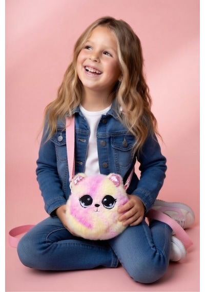 Mollycrush Hediye Kız Çocuk Pembe Ayıcık Figürlü Peluş Çanta Simli Kulaklı Ayarlanabilir Askılı Pembe