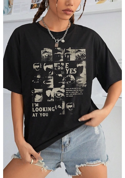 Uyguntarz Unisex Looking Baskılı Oversize %100 Pamuk T-shirt Siyah