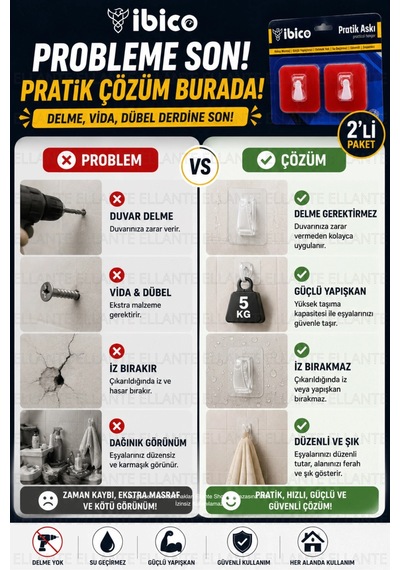Pratik Askı 2'li Yapıştırmalı Duvar Askısı Şeffaf Askılık Delmeden Montaj Güçlü Yapışkan Su Geçirmez Çok Renkli