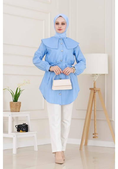 Sevitli Beli Bağcık Detaylı Geniş Yaka Tunik-bebe Mavi-4990 Bebek Mavisi
