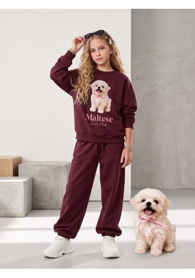 Zekids Kız Çocuk Pamuklu Köpek Baskılı Oversize Tasarım Sweatshirt-16472 Bordo