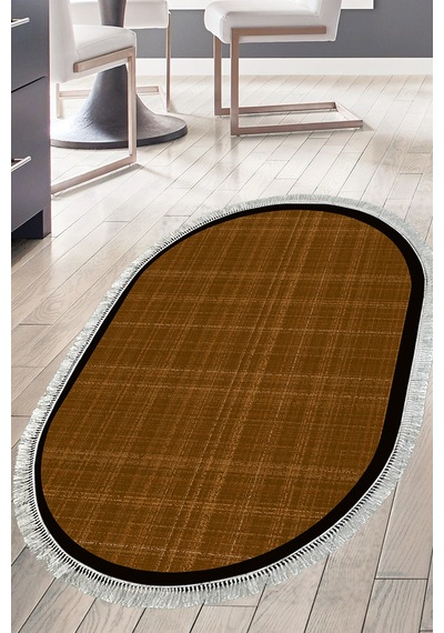 Kaymaz Taban Djt Banyo Mutfak Salon Halı Star Pamuk Saçaklı Oval Dokuma Desen E5007 Koyu Kahve