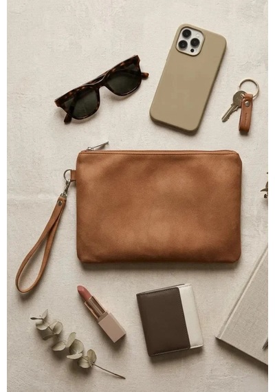 Adelina Bags Süet Portföy El Çantası Bilek Askılı Astarlı Taba Clutch Çanta