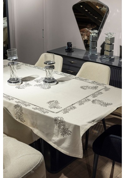 Doğal Pamuk Keten Dikdörtgen Masa Örtüsü 160x200 Cm El Baskılı Özel Tasarım Beyaz - 677354997 Beyaz
