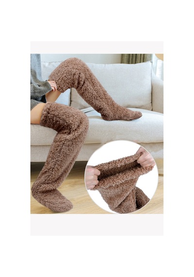 Leiste Sock Peluş Uyku Çorabı Welsoft Diz Üstü Oda Çorabı Ayak Isıtıcı Uzun Gonç Çorap Kahve