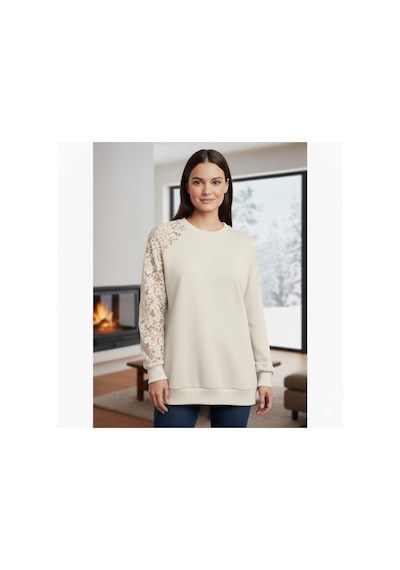 Afri Ekru Dantel Detaylı Sweatshirt Şık Ve Rahat Günlük Kadın Üst Yumuşak Kumaş Ekru