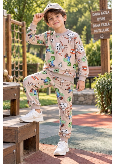 New Kids Erkek Çocuk Takım 2 İplik Şardonlu Mevsimlik Kollar Ve Paça Maşentli Detaylı Tmt Baskılı Çocuk Takım -91268 Kahverengi