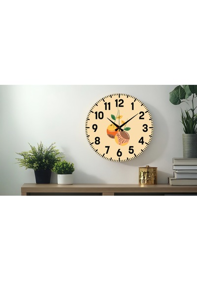 Dekoratif Türkçe Rakamlı Uv Baskılı Duvar Saati Sessiz Akar Mekanizma 40cm Metal Akrep Yelkovan Bej