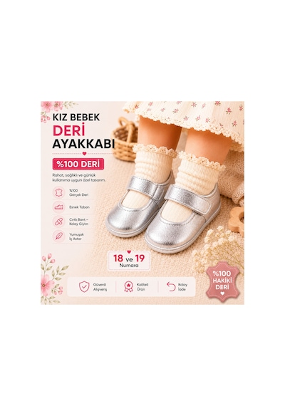 My Baby Kumsal % 100 Deri Bebe Babet Ayakkabı Taban Ve İç Astar Tamamen Deriden Üretilmiştir. Gümüş Gümüş