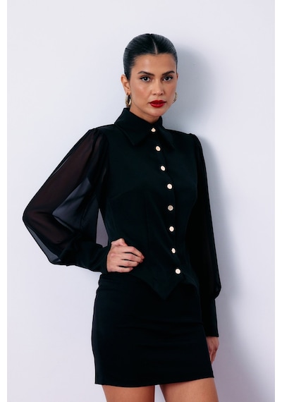 Sateen Şifon Kol Gömlek - Siyah-135200 Siyah