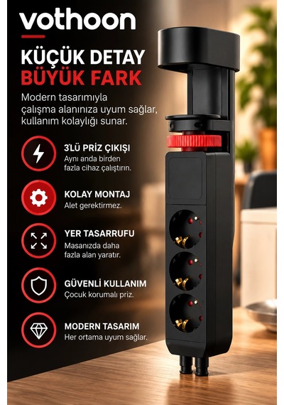 Masa Tipi Pd20w Akım Korumalı 3'lü Priz 2xusb 1xtype-c Girişli Kablolu Priz Ftr19 2 M