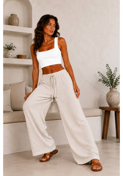Hira Life Fashion Kadın Kumaşı Kabartma Detaylı Bol Paça Ve Önü Bağcıklı Salaş Burgu Şık Pantolon Bej Bej Hira Life Fashion Kadın Kumaşı Kabartma Detaylı Bol Paça Ve Önü Bağcıklı Salaş Burgu Şık Pantolon Bej Bej