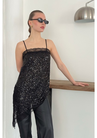 Verymoda Dantel Detaylı Askılı Pullu Asimetrik Tunik - D2934 Siyah