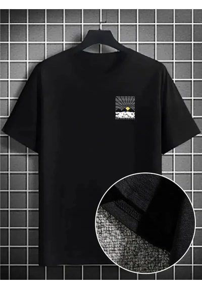 Erkek Tişört Dağ Grafikli Kısa Kollu Yazlık T-shirt - Siyah