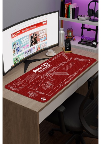 Ak 47 Siyah Kalaşnikov Cs Dikişli Kauçuk Oyuncu Mousepad - 90x40 Gaming Mouse Pad Ak-47 Bordo / Kırmızı