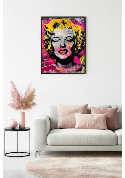 Doğal Ahşap Çerçeveli Sarı-pembe Grafik Desenli Tablo - Pop Art Huhu1923