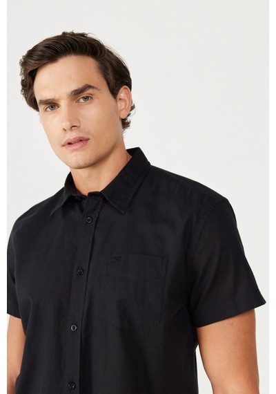Wrangler Regular Fit Normal Kesim Kısa Kollu Düğmeli Yaka Keten Gömlek W5J7LO100 Siyah