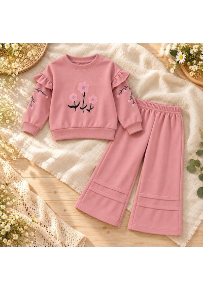 Efka Kids Kız Çocuk Çiçek Nakışlı Fırfırlı Alt Üst Takım Gül Kurusu