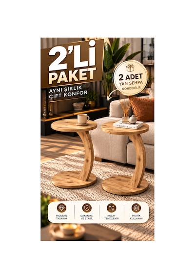 2'li C Sehpa Seti Modern Tasarım Yan Sehpa Atlantik Çam Atlantik Çam