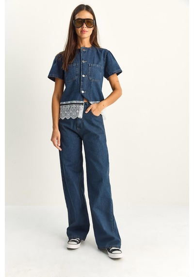 Kadın Dantel Detaylı Kısa Kollu Ceket Wide Leg Denim Pantolon Takım 8211 60286152 - Lacivert Kadın Dantel Detaylı Kısa Kollu Ceket Wide Leg Denim Pantolon Takım 8211 60286152 - Lacivert