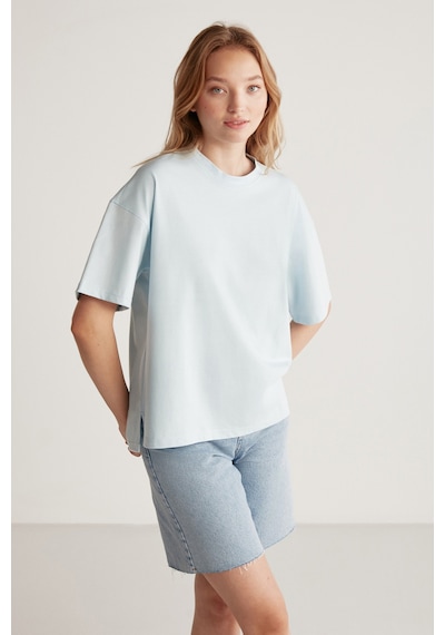 Grımelange Jemmy Kadın %100 Organik Pamuk Relaxed Fit Yırtmaçlı Yuvarlak Yakalı Açık Mavi T-shirt