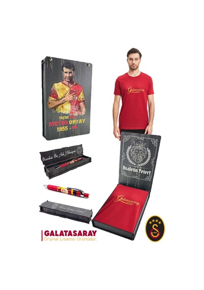 Galatasaray Lisanslı Kırmızı Erkek T-shirt + Uçlu Kalem Set Ahşap Kutulu 104 Kırmızı
