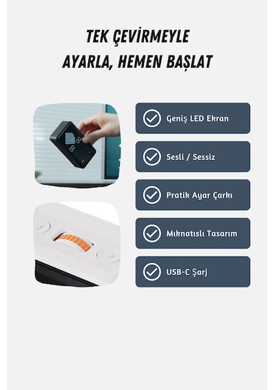 GWORKE GT-3 Dijital Kum Saati, Pomodoro Zamanlayıcı, Öğrenci Kronometresi, Mutfak, Odaklanma - Beyaz