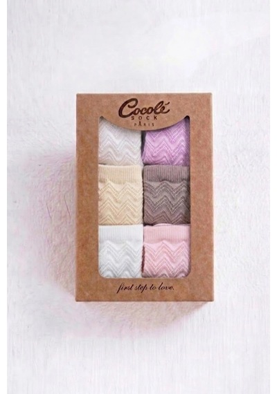 Cocole Socks Kız Bebek Soket Çorabı Kraft Kutulu 6'lı Set Pamuklu 0-1 Yaş Zigzag Kabartma Çok Renkli