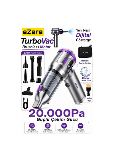 Ezere Turbovac 20000pa Güçlü Dijital Göstergeli Vakumlu Kablosuz Üflemeli Mini - Glst3107-519