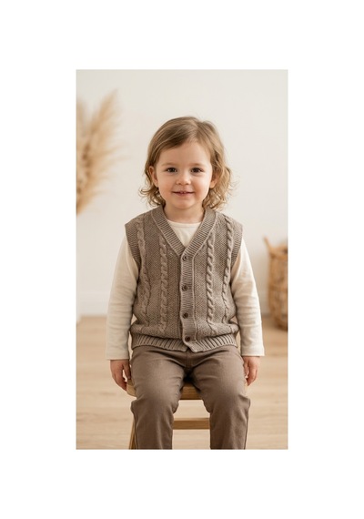 Deniva Kids Unisex Bebek & Çocuk Kahverengi V Yaka Düğmeli Saç Örgü Desenli Triko Yelek