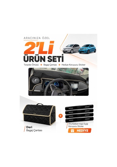 Renault Zoe 2012-2024 Uyumlu Torpido Örtüsü + Deri Bagaj Çantası + Sticker Seti - Siyah Bej