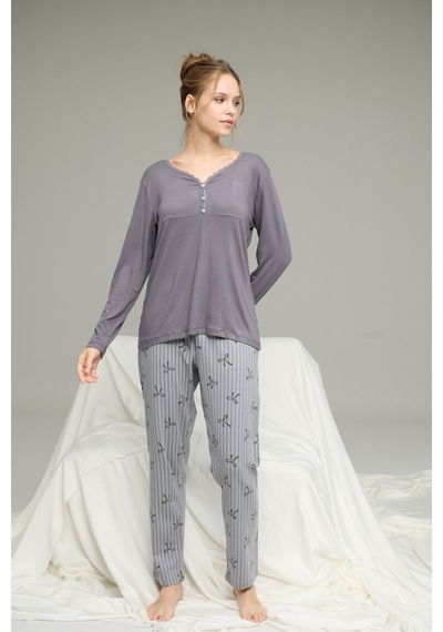 Siyah İnci Düğme Detaylı Örme Pamuklu Pijama Takım25240190 Gri