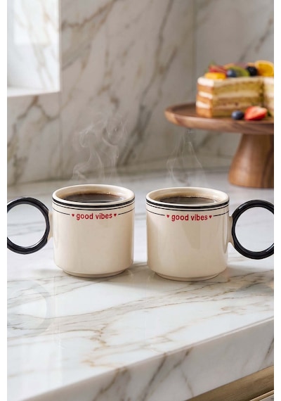 Siyah Good Vibes Stackable Halka Kulplu Fincan 2 Adet Çok Renkli