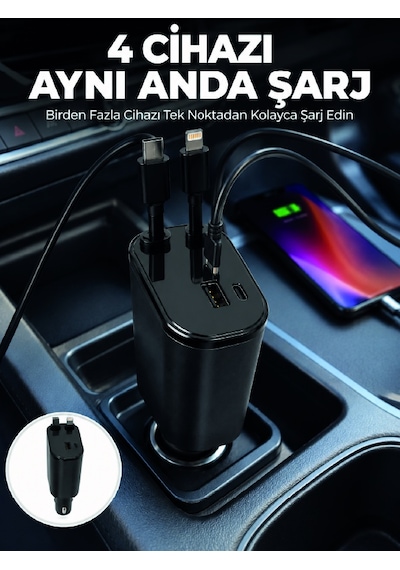 120w Hızlı Şarj Destekli 4'ü 1 Arada Araç Şarj Cihazı Type-c, Lightning, Usb Ve Usb-c Çıkışlı 11