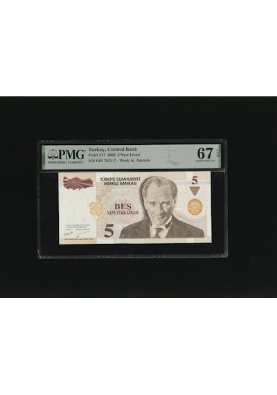 Beş Yeni Türk Lirası 5 Ytl P217 2005 Pmg 67 Epq Superb Gem Unc S/n G05 703317 8.ems 1.t