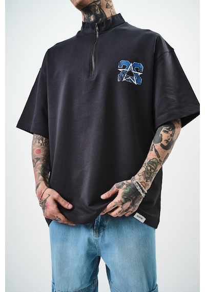 Respire Erkek 22 Baskılı Yarım Fermuarlı Oversize T-shirt Füme