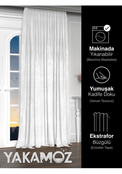 Yakamoz Kadife Görünüm Beyaz Renk Ada Fon Perde Ekstraforlu Velvet Touch Serisi Beyaz