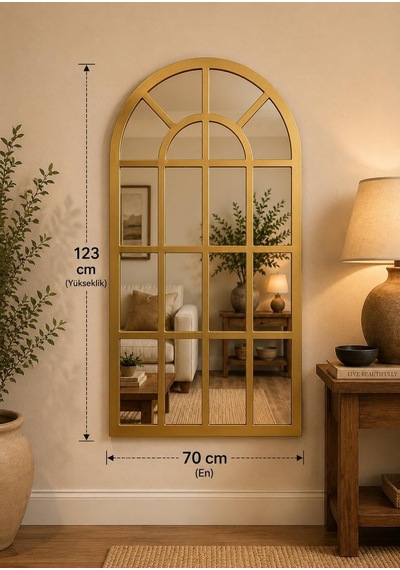 Pencere Model Dekoratif Duvar Aynası 123 X 70 Cm Gold Kemer Formlu Çerçeve Çok Renkli