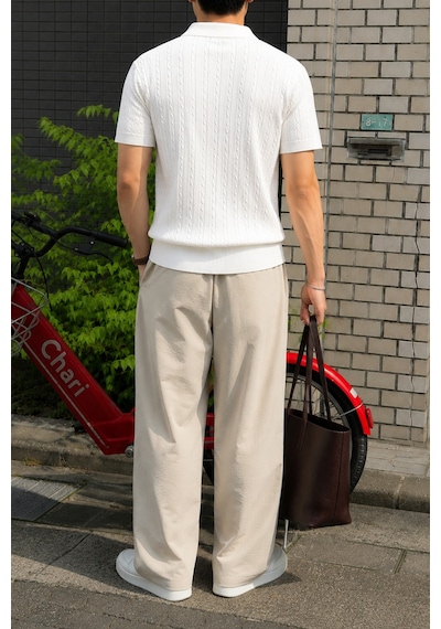 Tarz Cool Erkek Slim Fit Fermuarlı Polo Yaka Saç Örgü Desenli Triko Tişört Yazlık Pamuklu Esnek Örme Beyaz