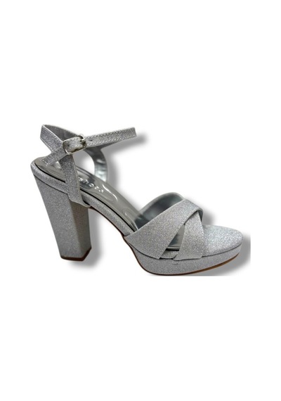 Erbay 308-26 Simli Saten Çapraz Bant Kalın Topuk Kadın Sandalet 11cm Gümüş