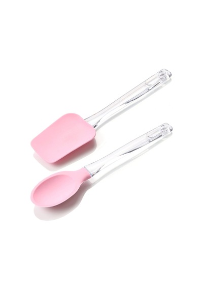 2 Li Plastik Saplı Silikon Kaşık - Spatula Seti Pembe Pembe